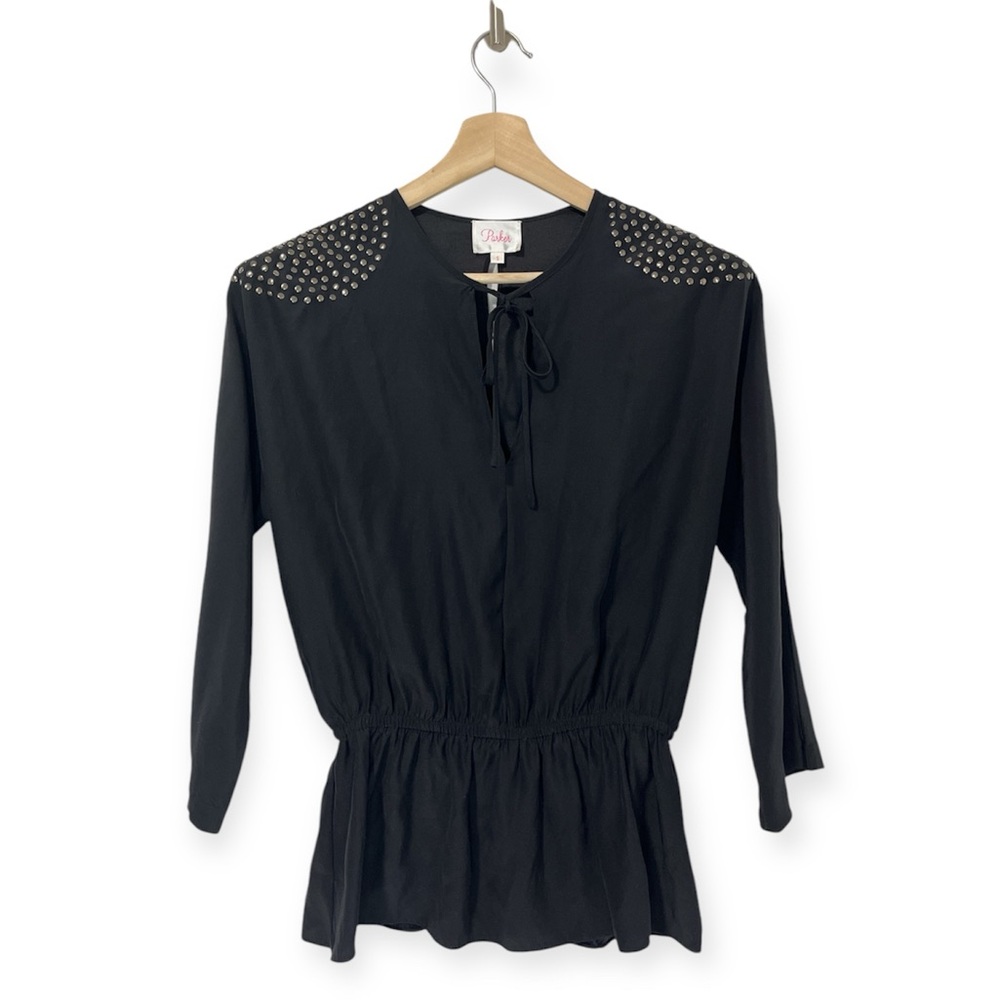 Parker Black Gunmetal Gray Silver Studded Blouse Silk Size Small